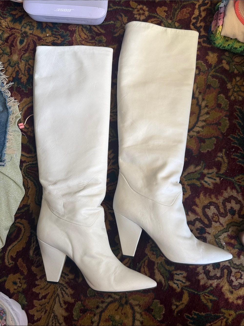 Barneys New York brand White Pointed Knee-High Leather Boots 41